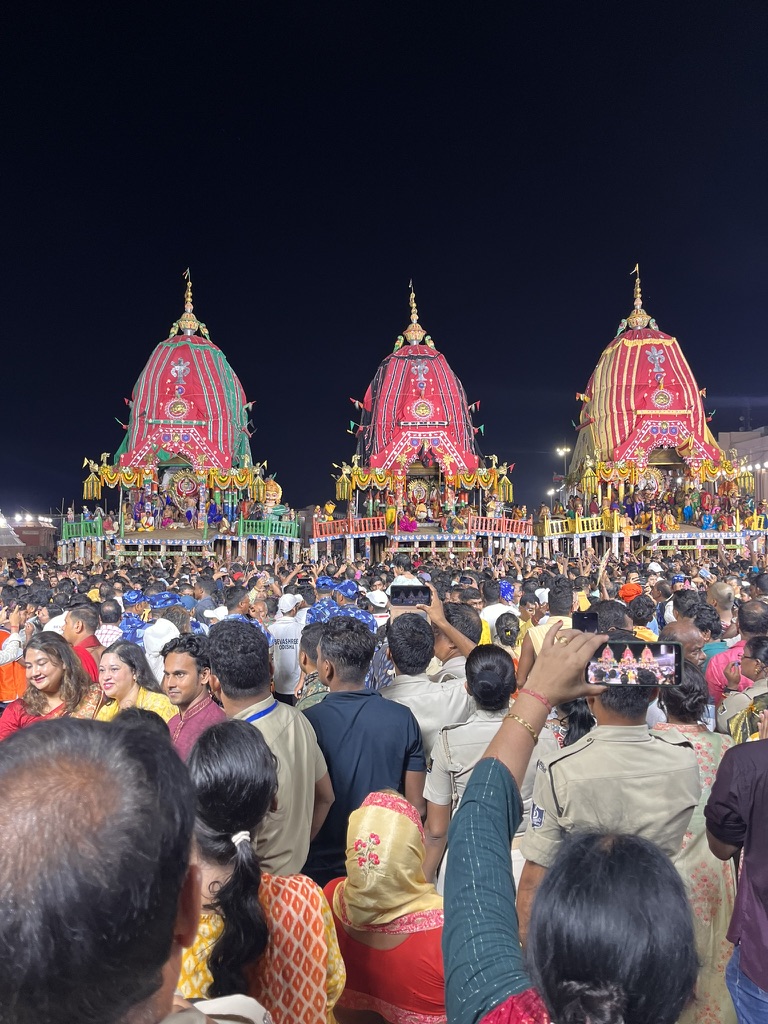 Rath Yatra chariots at night